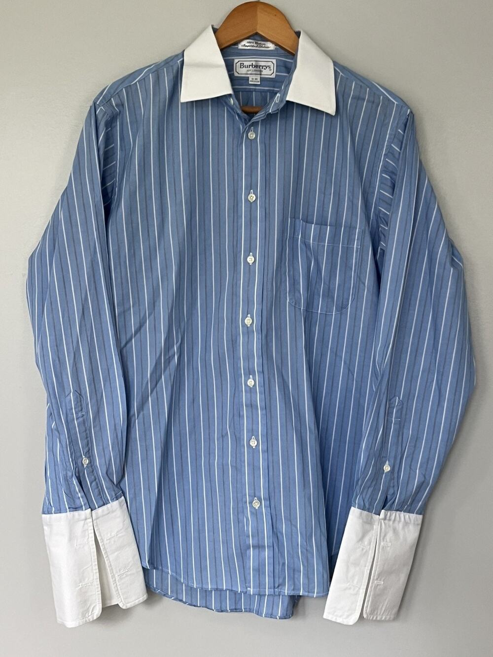 Vintage Burberrys of London Men’s 16/34 Blue Stripe French Cuff Shirt Made USA